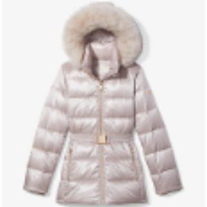 NWT Michael Kors Belted Puffer XS Shiny Champagne Faux Fur Down Coat Gold Accent